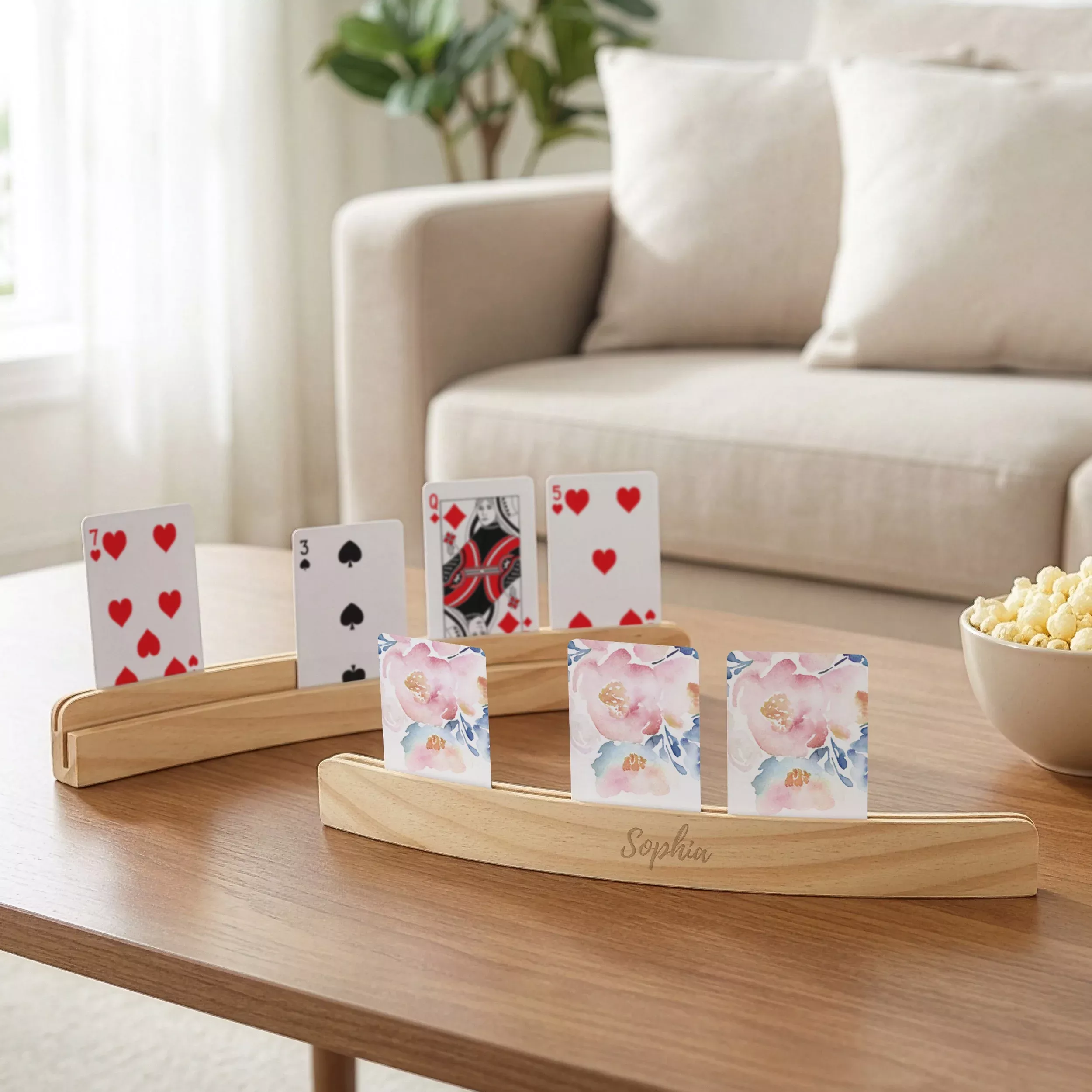 Custom Engraved Light Wood Curved Playing Card Holder Stand for Game Hand - Calligraphy