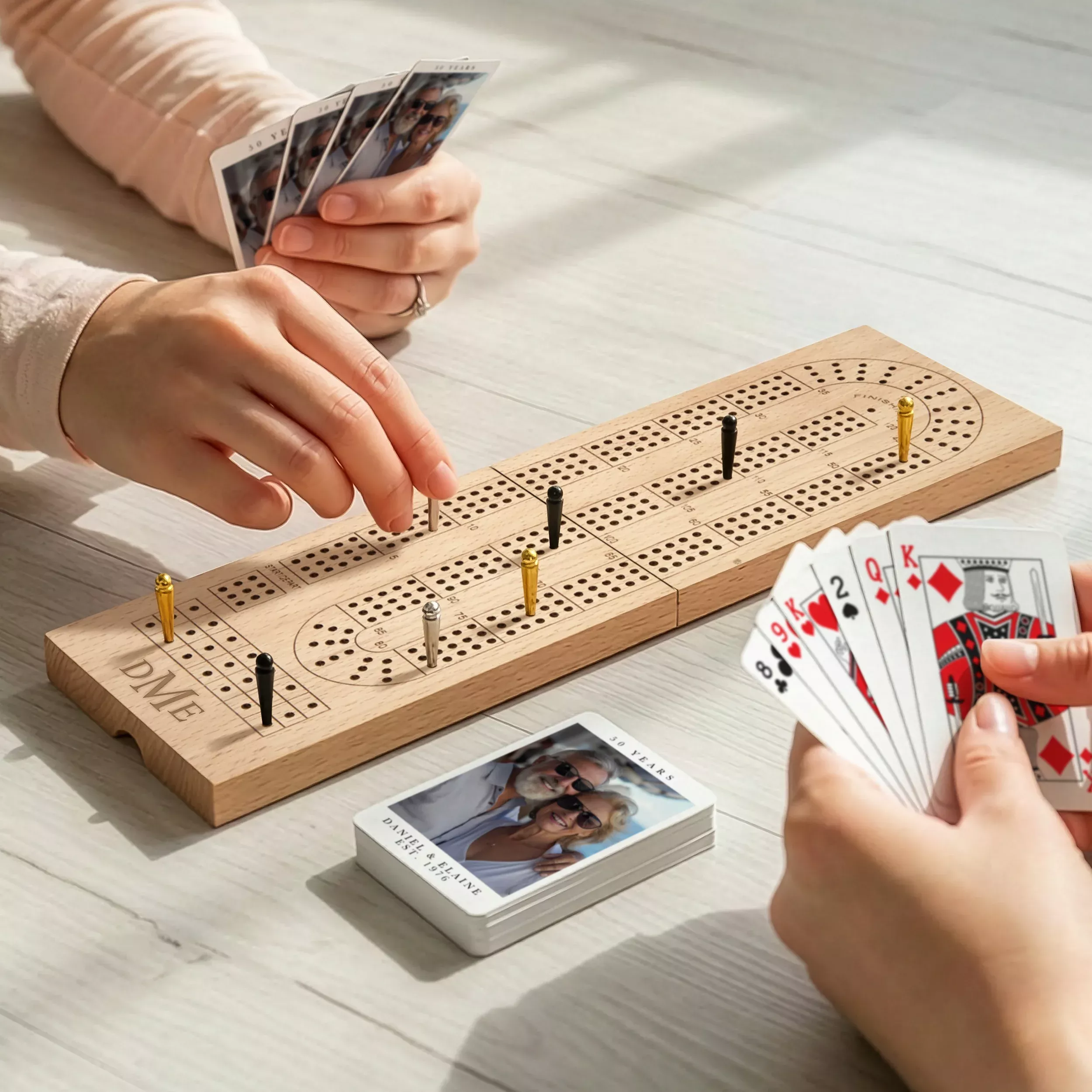 Custom Engraved Wooden Travel Cribbage Board with Card Storage - Traditional Monogram