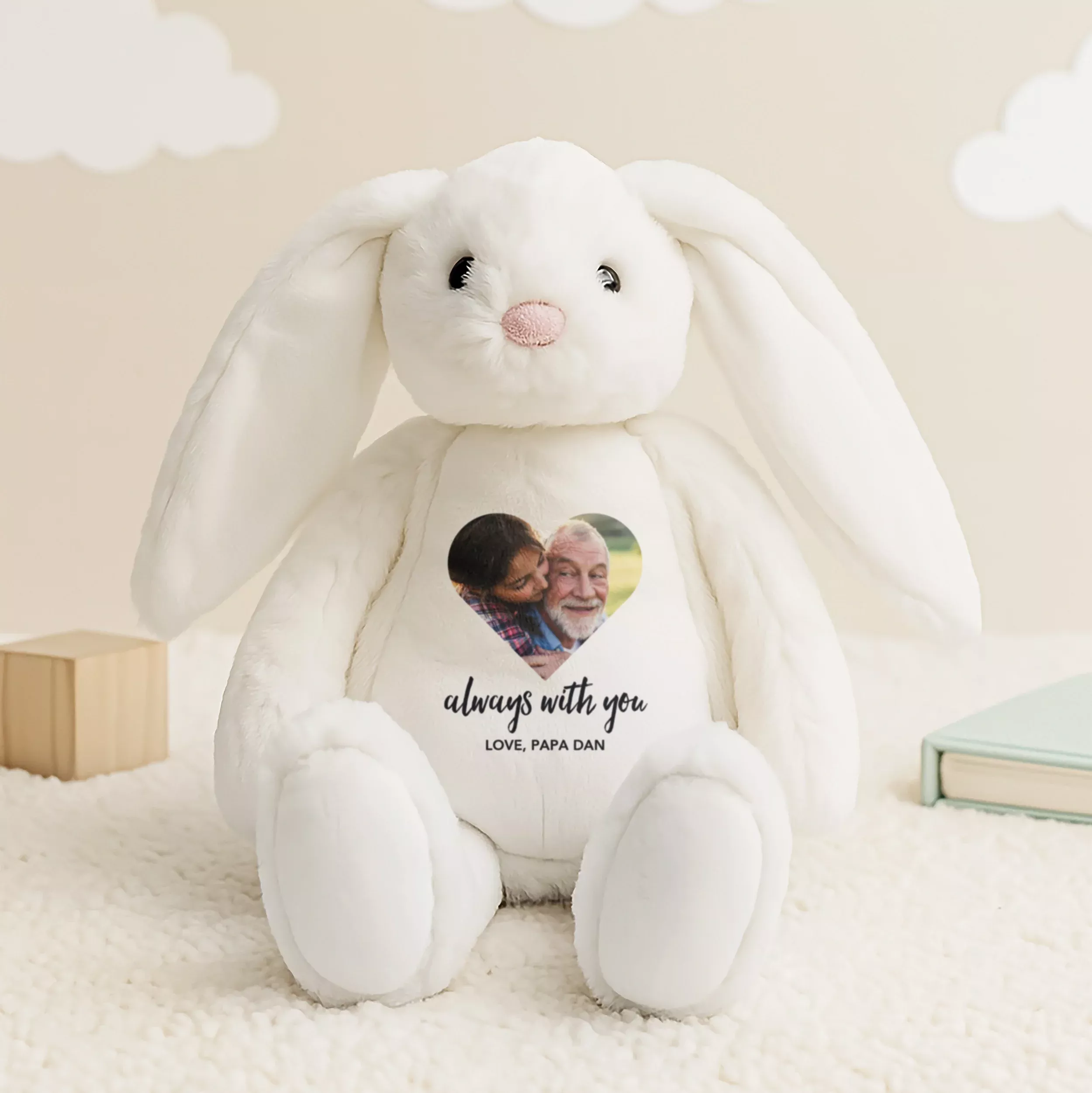 Custom Photo Printed White Long Eared Bunny Stuffed Animal Toy - Handwritten Elegance