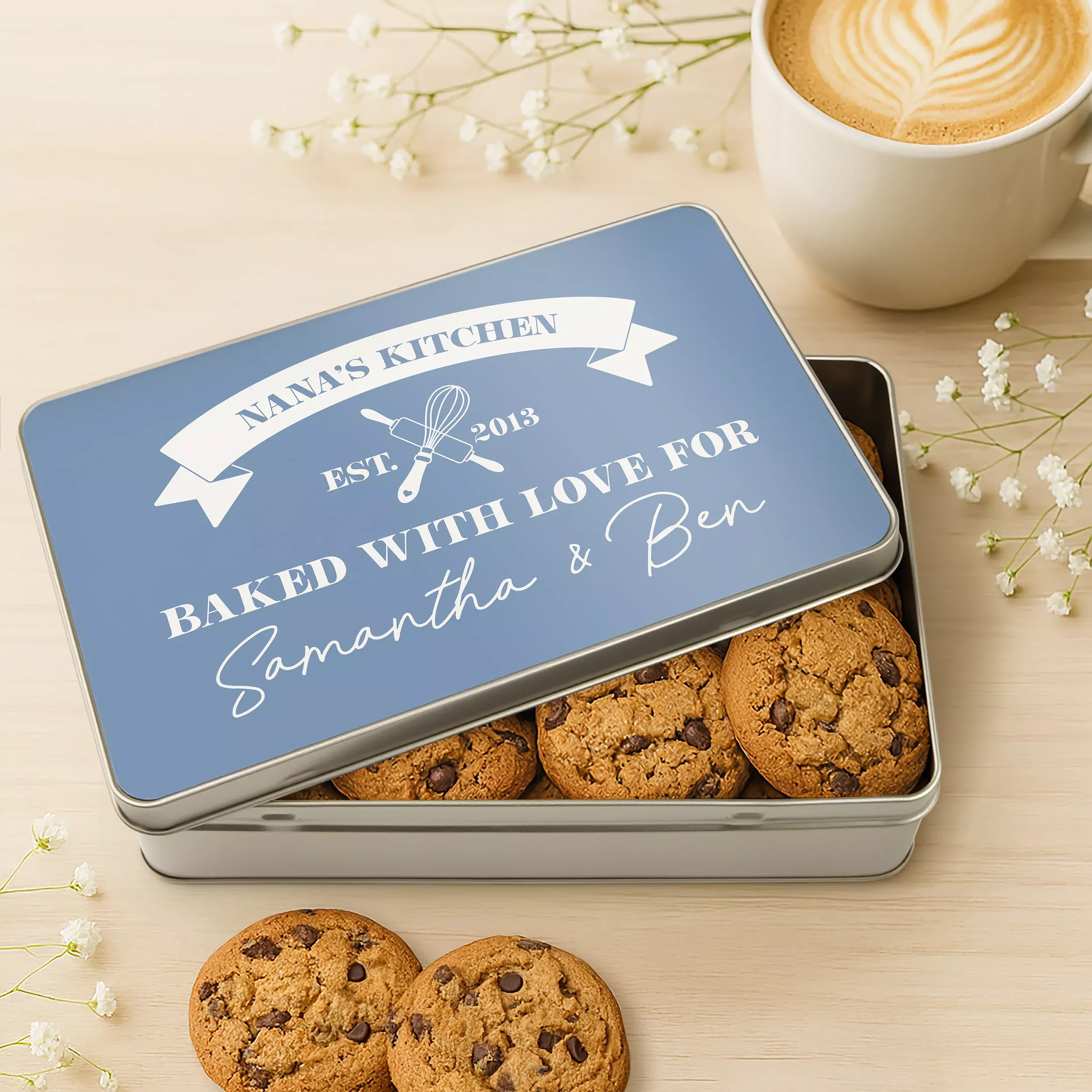 Personalized Rectangular Metal Tin with Lid for Cookies or Gifts - Kitchen Emblem